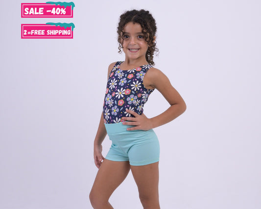 Floral Bloom Leotard & Aqua Shorts Set